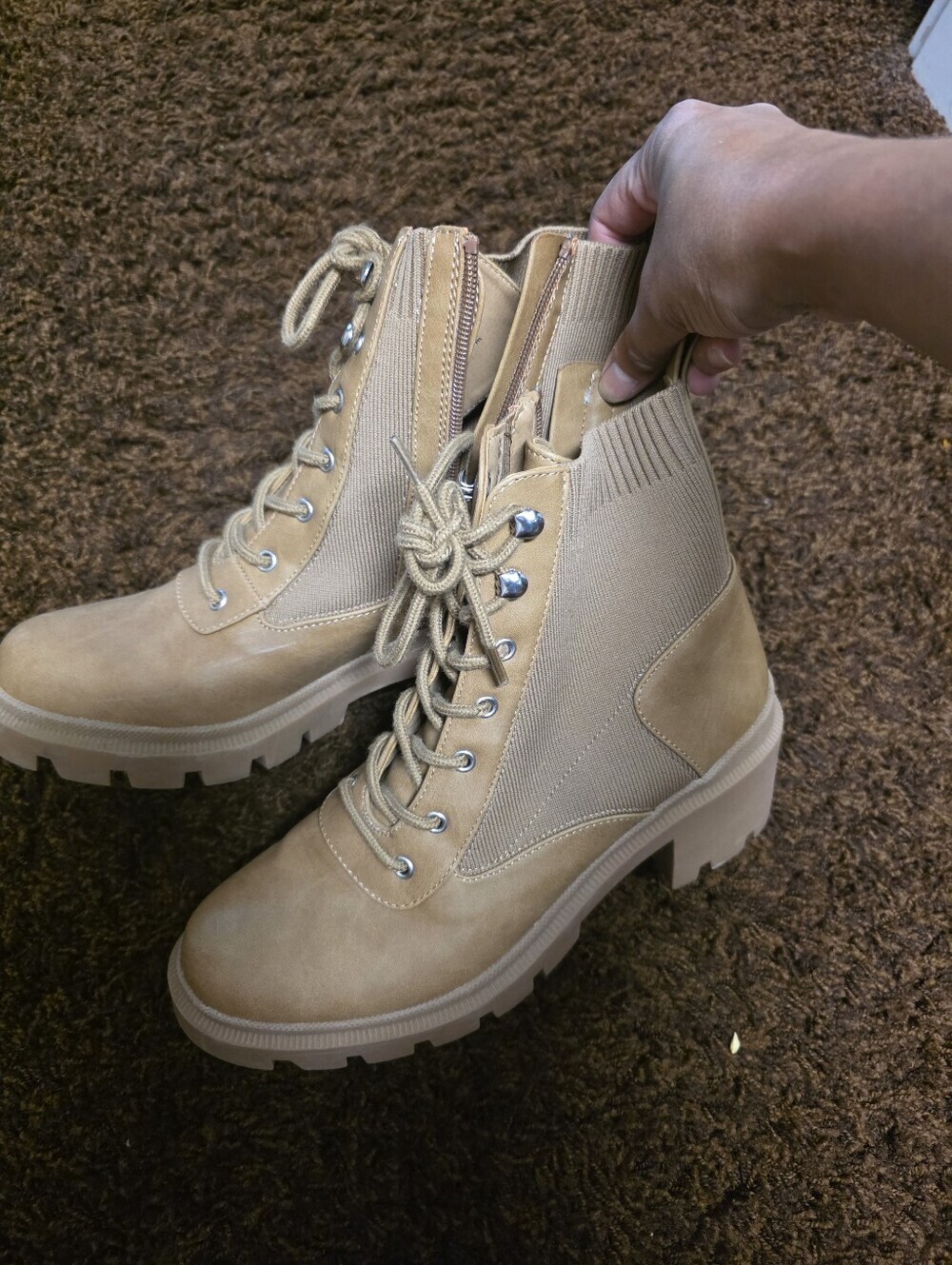 Women's Tan Lace-Up Chunky Heel Ankle Booties